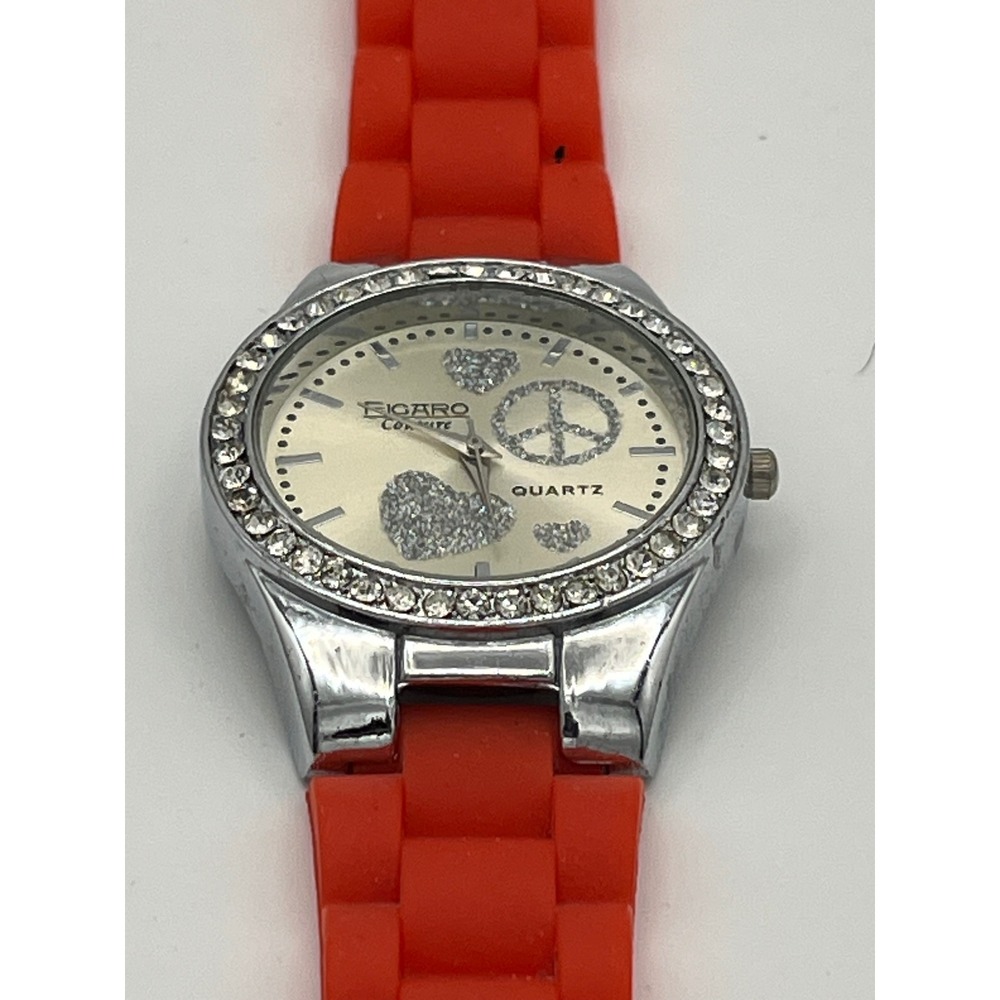 Figaro Couture Red Silicone Rhinestone Peace Heart Quartz Fashion Watch